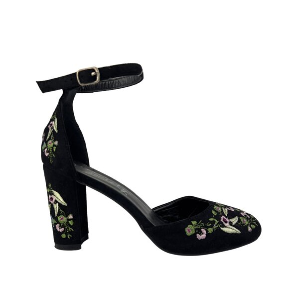 Streetwear Society Round Toe Block Heel Shoe with Ankle Strap and Floral Embroid - Picture 5 of 5